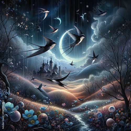 Landscape with moon, birds and clouds