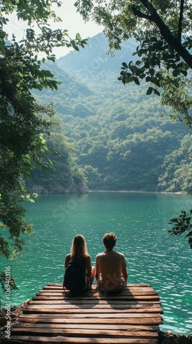 A couple enjoying a peaceful moment by the serene mountain lake at dawn in nature