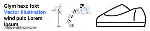 Wind turbine, man tumbling RISK blocks, shoe-shaped object. Ideal for renewable energy, risk management, business strategy, environmental awareness, innovation, conceptual thinking, technology