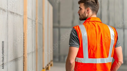 A construction worker in an orange safety vest examines a site, showcasing commitment to workplace safety and professionalism.