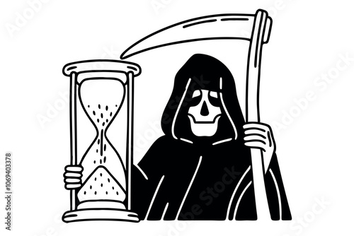 Time guardian grim reaper holding hourglass symbolizing the inevitable end of life and the passage into the unknown. Line art vector illustration