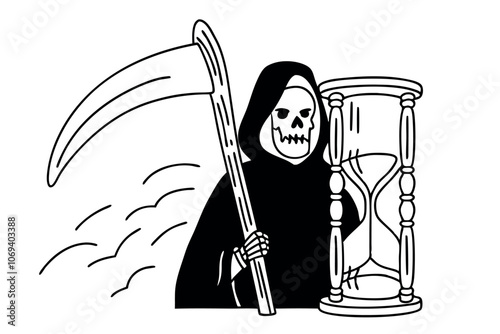 Time guardian grim reaper holding hourglass symbolizing the inevitable end of life and the passage into the unknown. Line art vector illustration