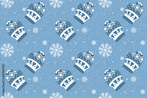 Blue and white winter seamless pattern. Christmas blue snowflakes and mittens pattern. Christmas and winter season background. Kids mittens seamless pattern. New Year background. Hello winter pattern.