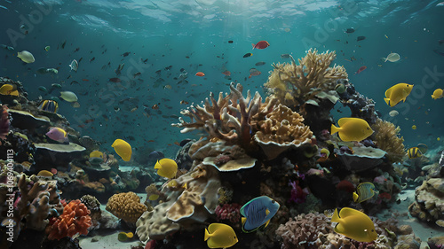 Underwater scene of a vibrant coral reef bustling with colorful fish and rich marine life, showcasing ocean ecosystem beauty