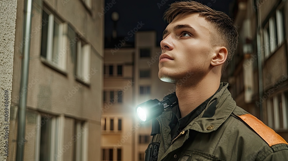 A young man in a military-style jacket gazes up at night, illuminated by city lights, surrounded by urban architecture. A young man in a military-style jacket gazes up at night, illuminated by city lights, surrounded by urban architecture.