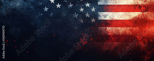 Dark blue background with red and white stripes of the American flag, creating an american theme for banner or web design template