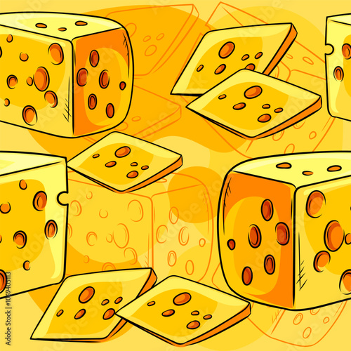 Hand drawn seamless pattern of Swiss cheese cubes and slices on a bright yellow background, ideal for food packaging, culinary branding, or kitchen decor. Vector illustration