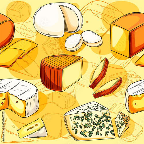 A colorful hand drawn seamless pattern of cheese , including brie, cheddar, and blue cheese, on a vibrant yellow background. Ideal for food packaging or restaurant designs. Vector illustration