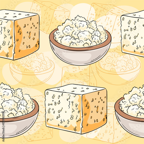 Hand drawn seamless pattern featuring bowls of cottage cheese and blocks of feta cheese on a warm yellow backdrop. Perfect for dairy product branding and culinary projects. Vector illustration