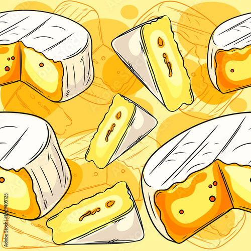 Hand drawn seamless pattern of blue cheese wedges on a soft yellow, ideal for food packaging, restaurant decor, or gourmet branding, emphasizing the texture of moldy cheese. Vector illustration