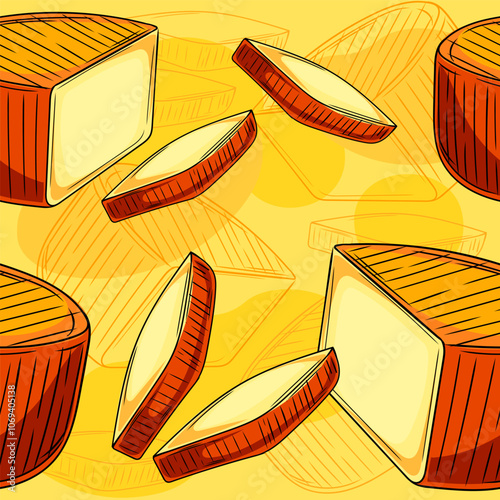 Hand drawn seamless pattern brie cheese wedges on a warm yellow background, perfect for food packaging, dairy branding, or restaurant decor. Suitable for gourmet or culinary. Vector illustration