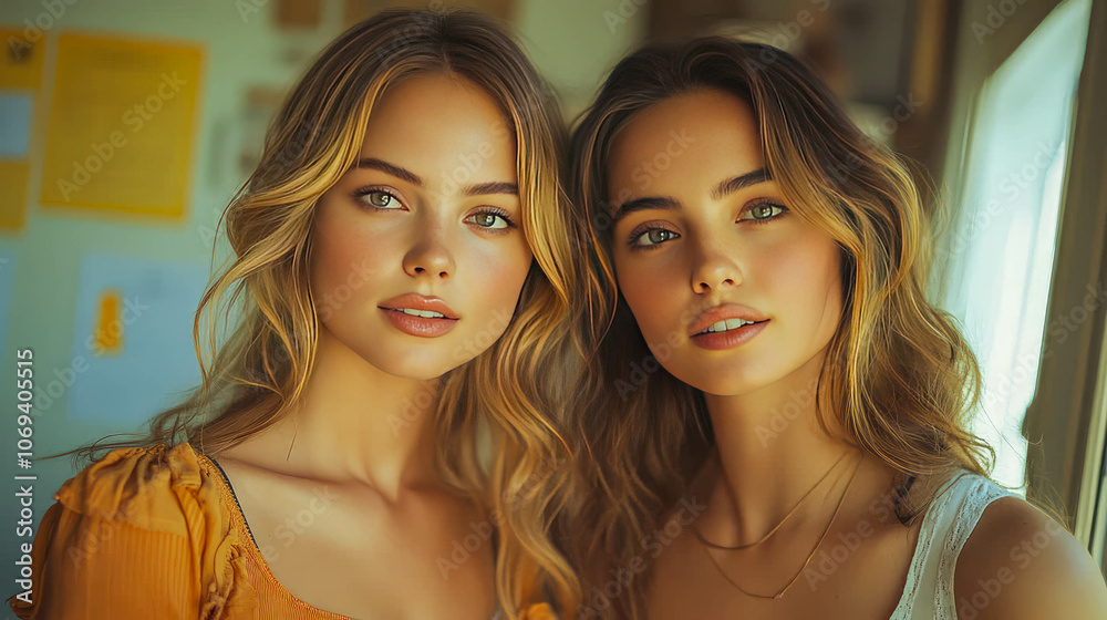 Close-up of two young women with natural makeup, gazing directly at the camera. Warm tones and soft lighting create an intimate atmosphere Close-up of two young women with natural makeup, gazing directly at the camera. Warm tones and soft lighting create an intimate atmosphere