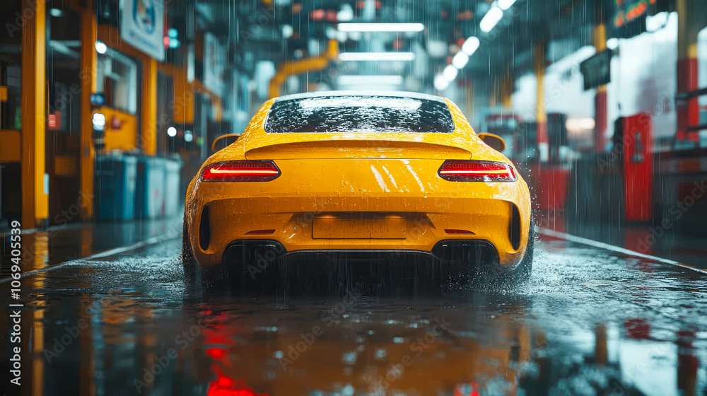 Fototapeta premium Yellow car moving through an automatic car wash, water spraying around and creating dynamic splashes. Industrial setting with vibrant colors