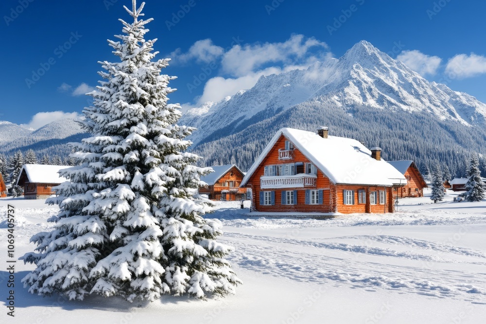 Snowy mountain cabin surrounded by pine trees under a bright blue sky capturing a peaceful secluded winter retreat amidst pristine snow and clear crisp winter air Snowy mountain cabin surrounded by pine trees under a bright blue sky capturing a peaceful secluded winter retreat amidst pristine snow and clear crisp winter air