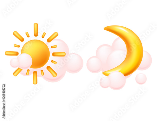 Sun and crescent moon with fluffy clouds, symbolizing day and night together. Ideal for sleep, weather apps, or day-night cycle themes. Vector illustration