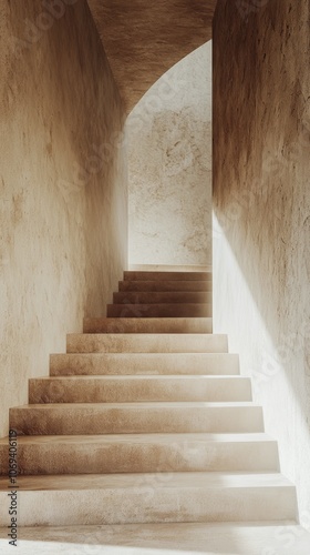 A simple set of concrete steps leading to a smooth, textured white wall during daylight photo