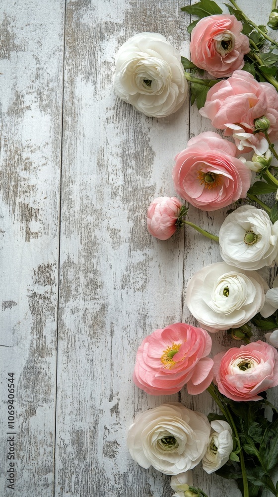 Beautiful arrangement of pink and white ranunculus flowers on a rustic wooden background Beautiful arrangement of pink and white ranunculus flowers on a rustic wooden background