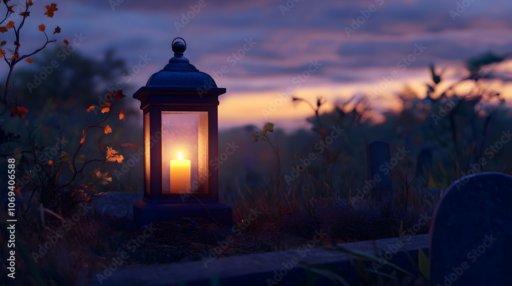 Candle-lit lantern placed on a gravestone at dusk for a serene All Souls' Day scene. 4k image Candle-lit lantern placed on a gravestone at dusk for a serene All Souls' Day scene. 4k image