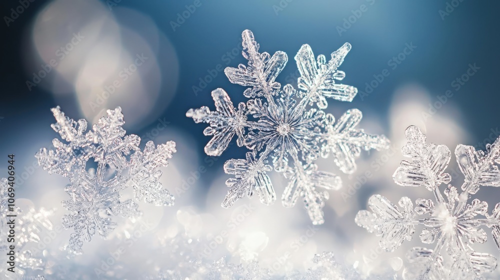 Delicate snowflakes shimmering on a frosty landscape during winter's chill