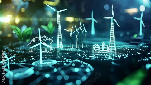 A futuristic landscape featuring digital representations of renewable energy sources, buildings, and plants, symbolizing sustainable development and environmental awareness.