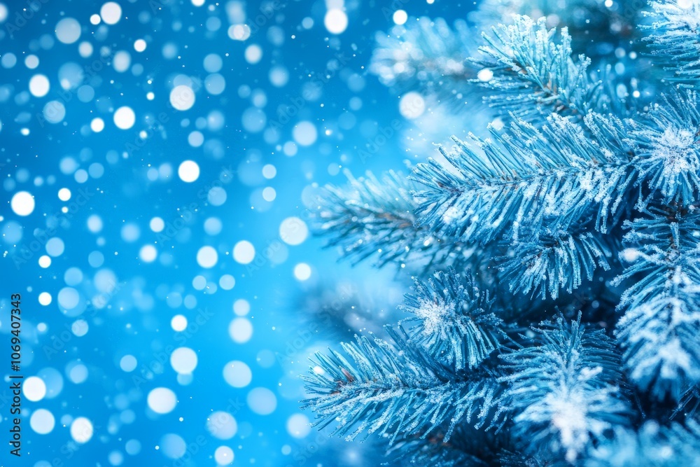 Blue pine tree branch with frosty snowflakes and bokeh light background capturing the crisp detail of nature in winter with a festive magical feel Blue pine tree branch with frosty snowflakes and bokeh light background capturing the crisp detail of nature in winter with a festive magical feel