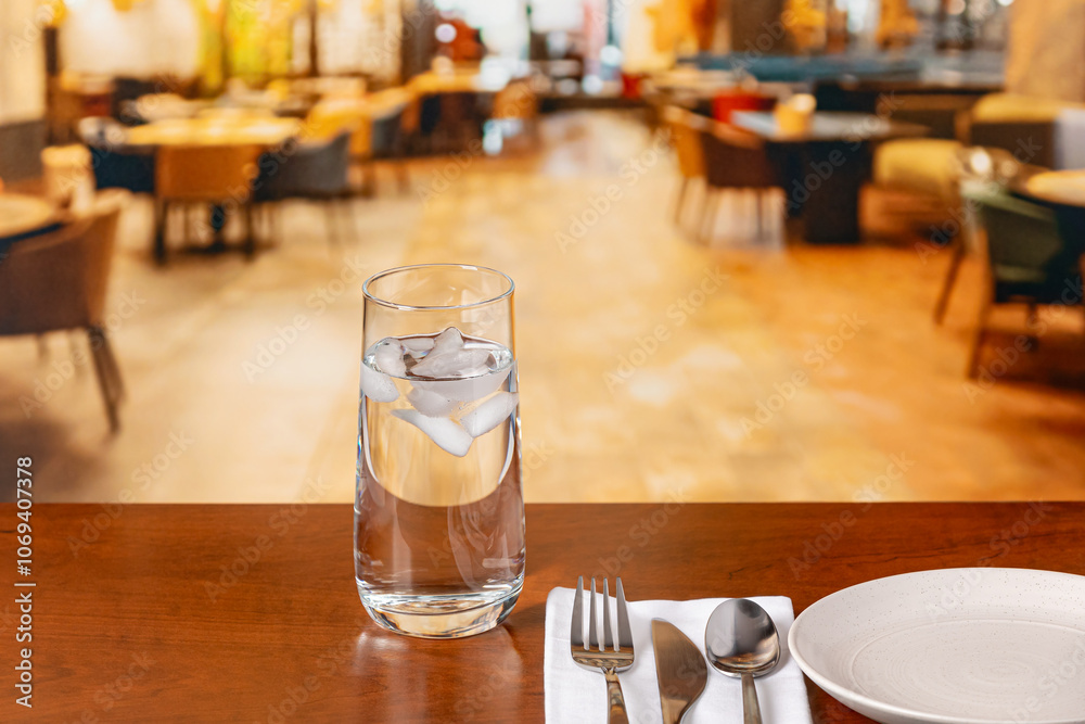 Glass of water on restaurant table. Clean drinking water, water conservation and restrictions concept. Glass of water on restaurant table. Clean drinking water, water conservation and restrictions concept.