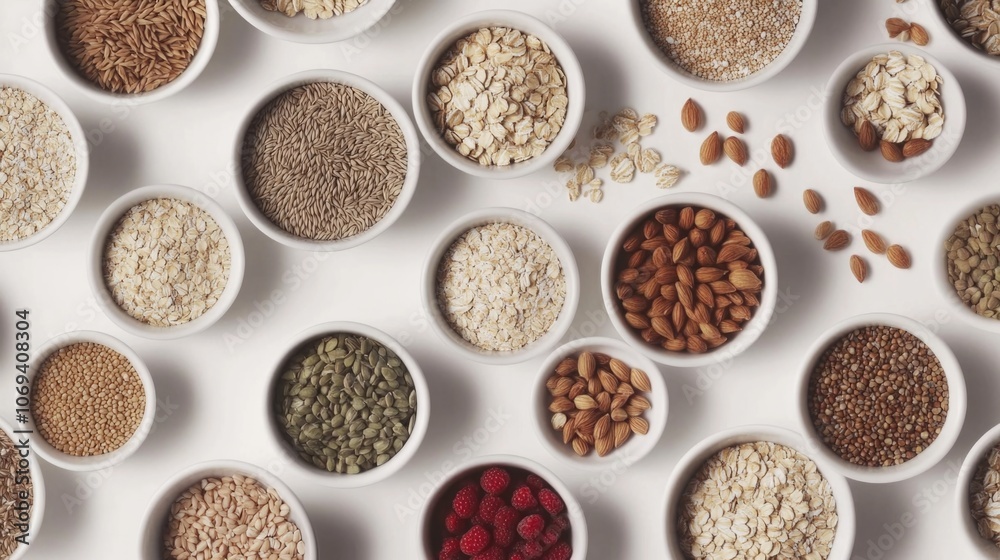 Variety of grains and nuts in bowls: healthy eating and natural ingredients Variety of grains and nuts in bowls: healthy eating and natural ingredients