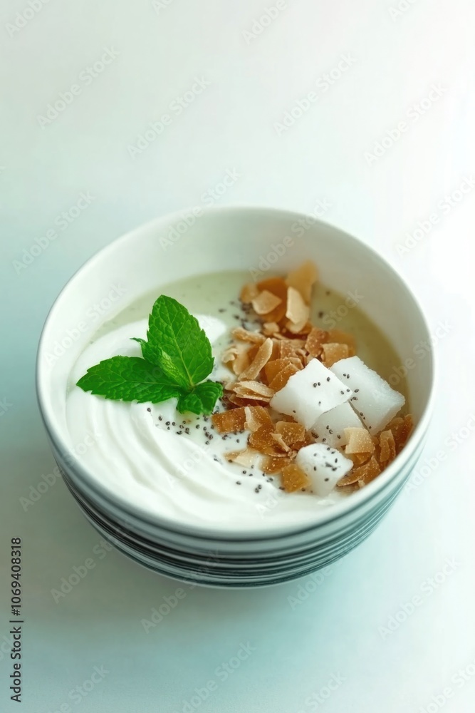 Creamy yogurt bowl with fresh mint and coconut garnish Creamy yogurt bowl with fresh mint and coconut garnish