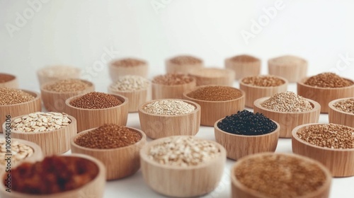 Variety of grains in wooden bowls on white background highlighting diverse textures