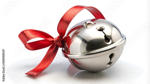  Classic silver sleigh bell with ribbon on a white background. photo