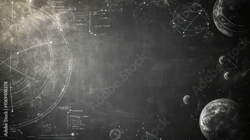 Chalkboard universe with planetary sketches and astronomical calculations photo