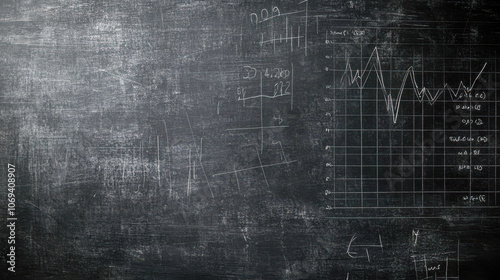 Chalkboard with financial graphs and scribbles in classroom setting