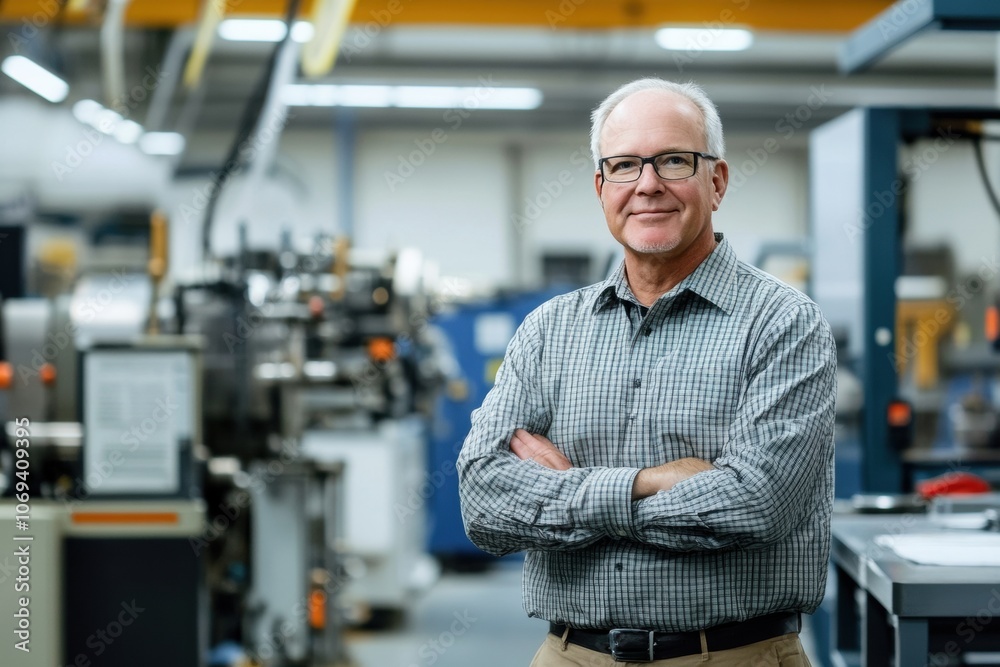 Senior factory manager smiling with arms crossed in high tech manufacturing plant Senior factory manager smiling with arms crossed in high tech manufacturing plant
