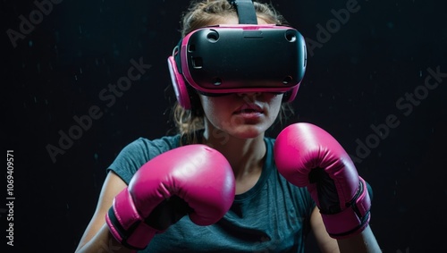 Young woman wearing VR glasses and pink boxin photo