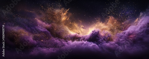 Explosion de paillettes pourpres foncées et bronze avec une atmosphère mystique..