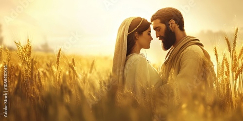 Tender and minimalistic abstract depiction of Ruth and Boaz in a golden field of love and connection, biblical scene, religious concept photo