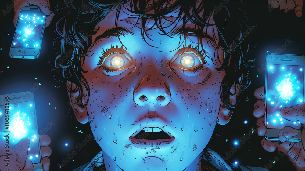Enchanted night: surprised boy embraced by magical glowing smartphones Enchanted night: surprised boy embraced by magical glowing smartphones