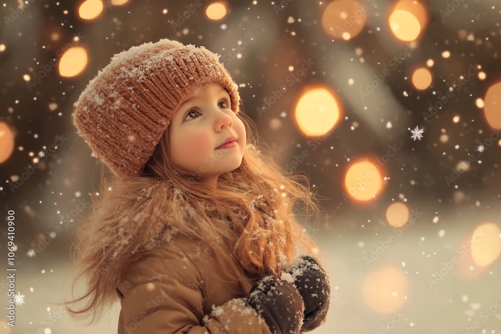 Little girl enchanted by winter magic, catching snowflakes beneath sparkling lights Little girl enchanted by winter magic, catching snowflakes beneath sparkling lights