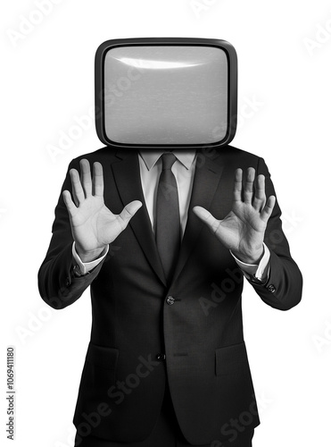 Retro man with television head on red background. Vintage man with television head. Retro collage featuring a man in a suit with a retro TV for a head. Retro collage for presentation. Hands up.