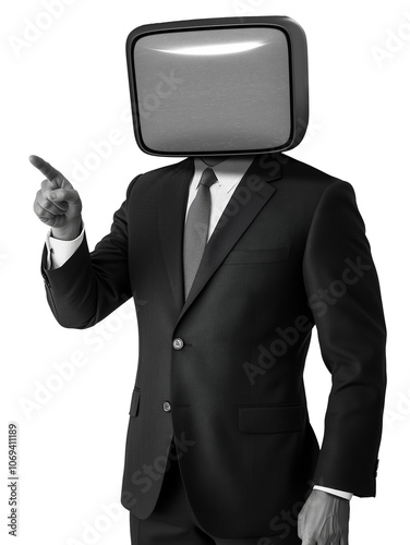 Retro man with television head on red background. Vintage man with television head. Retro collage featuring a man in a suit with a retro TV for a head. Retro collage for presentation. Pointing Left.