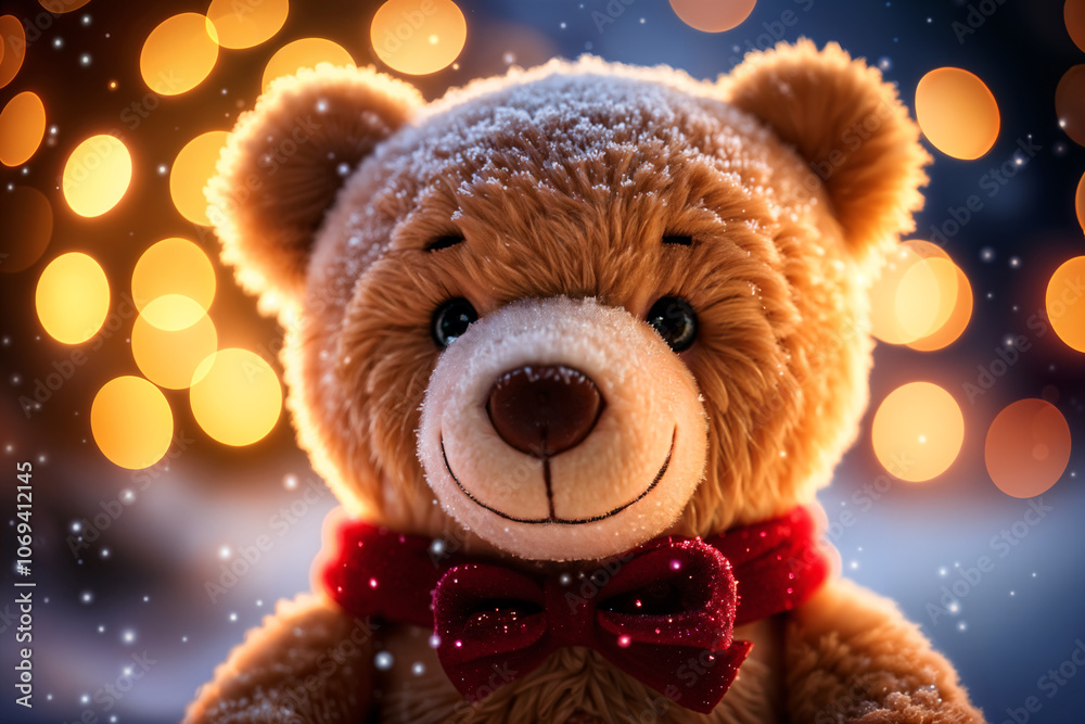 Close-up of a smiling teddy bear with a red bow, set against a blurred background of bokeh lights that suggest a festive or celebratory atmosphere. Close-up of a smiling teddy bear with a red bow, set against a blurred background of bokeh lights that suggest a festive or celebratory atmosphere.