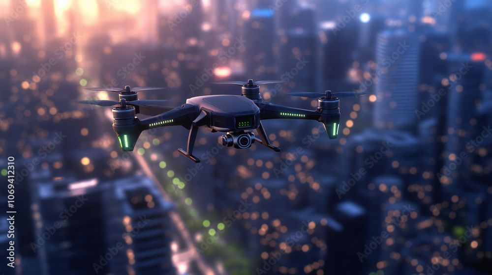 Drone Flying Over Cityscape at Sunset Aerial Photography Urban Technology Modern City Drone Flying Over Cityscape at Sunset Aerial Photography Urban Technology Modern City
