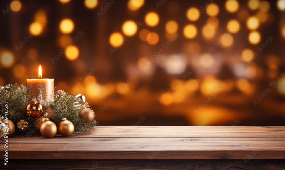 Burning Candle with Christmas Decorations on Wooden Surface and Bokeh Background for a Festive and Warm Ambiance with copy space Burning Candle with Christmas Decorations on Wooden Surface and Bokeh Background for a Festive and Warm Ambiance with copy space