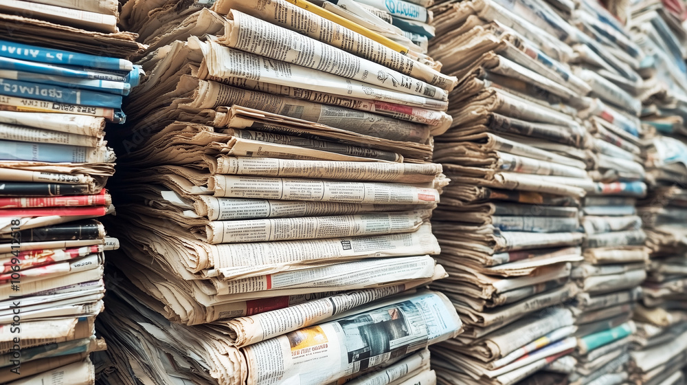 Vibrant array of stacked newspapers for media and print concepts