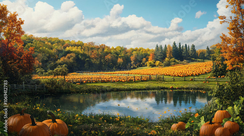 A serene pond nestled among pumpkin fields, reflecting the beautiful autumn colors of the trees.A serene pond nestled among pumpkin fields, reflecting the beautiful autumn colors of the trees. photo