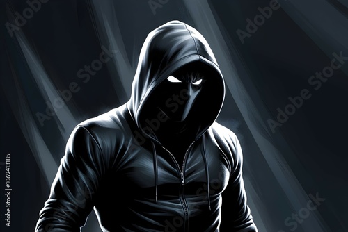 hacker figure in black hood, shrouded in mystery and intrigue