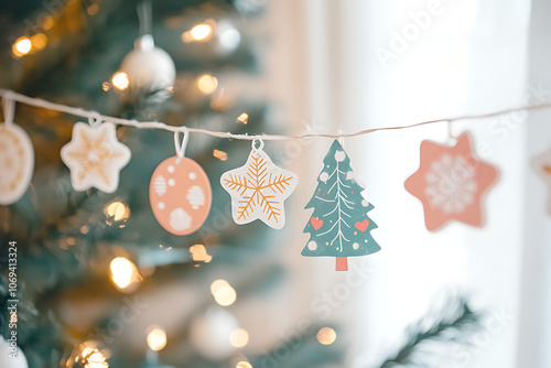 Christmas homemade garland with holiday elements. Paper stars, toys and tree, home decorations. Decorated Christmas tree on background. Generated in AI. photo