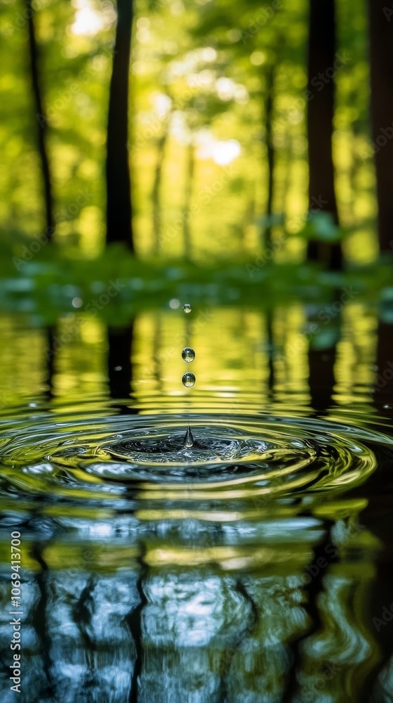 Droplet creating ripples in a forest pond, serene nature close-up. Tranquility and reflection concept