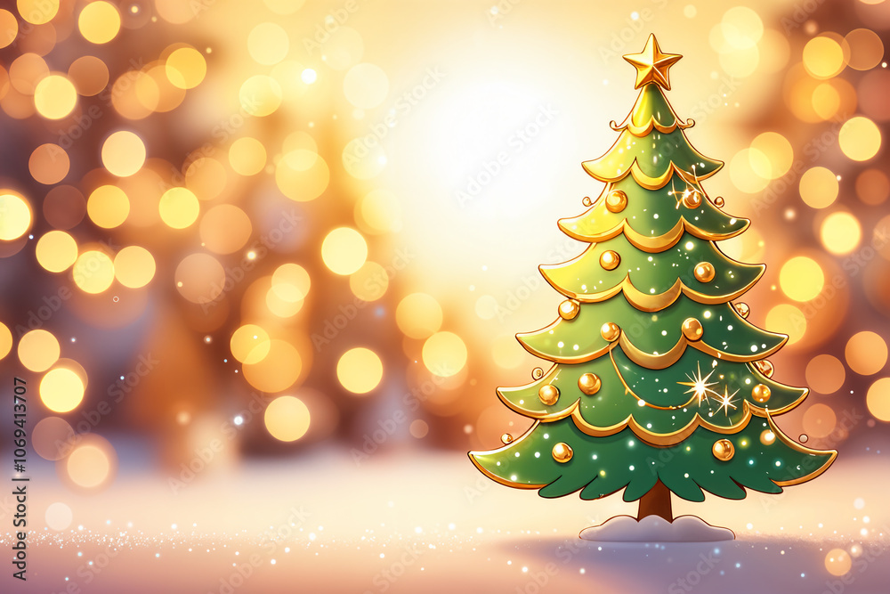Stylized, golden-colored Christmas tree with a star on top, set against a blurred background of bokeh lights that suggest a festive atmosphere. Stylized, golden-colored Christmas tree with a star on top, set against a blurred background of bokeh lights that suggest a festive atmosphere.