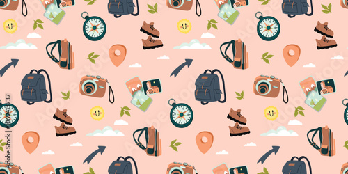 Travel seamless pattern with cartoon elements.Backpacks, compass, camera, photo, boots, smiley, arrow, location indicator.Vector designs set for printing on fabric and paper.Flat color illustration.